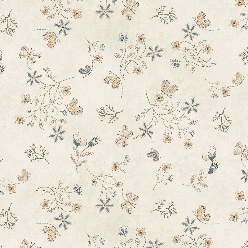 This cream fabric features tossed florals, the occasional blue bird, and fluttering butterflies. 