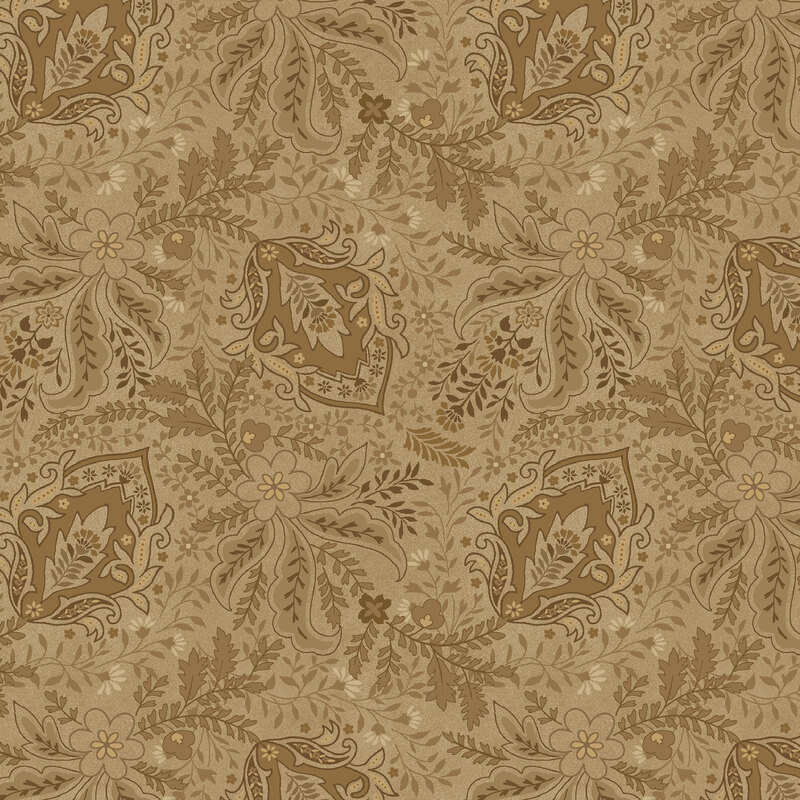 This light brown fabric features tonal coco brown Jacobean florals and leaf designs.  