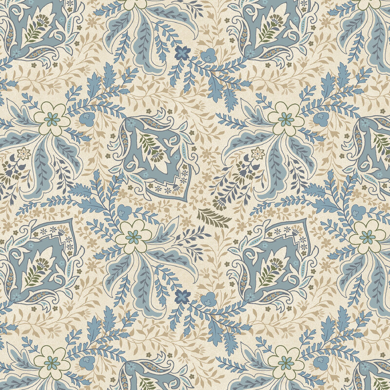 This cream fabric features baby blue Jacobean florals and light brown leaf designs.  