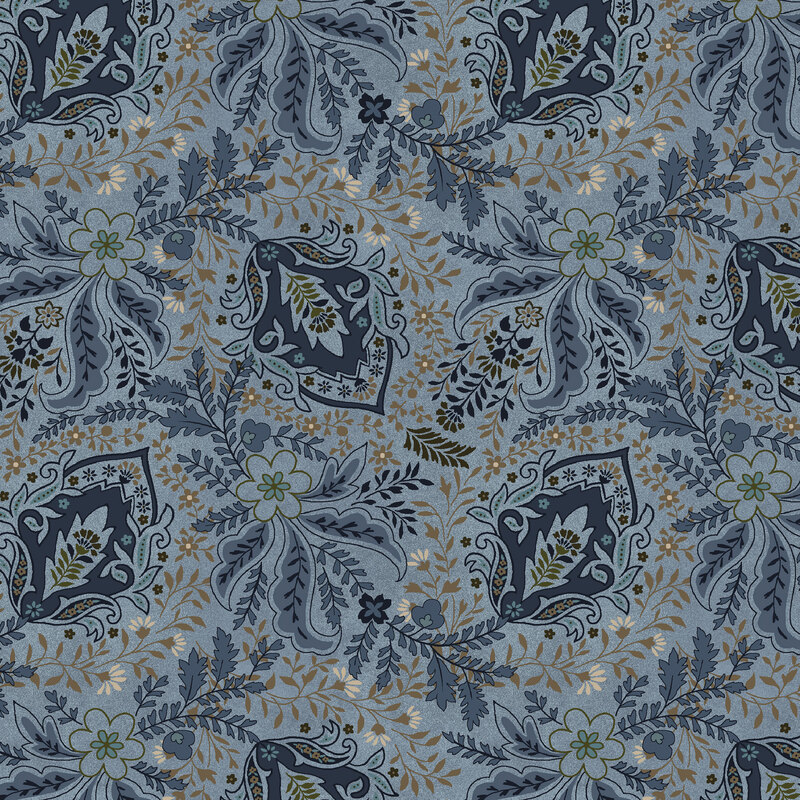This muted dark blue fabric features navy blue Jacobean florals and warm brown leaf designs.  