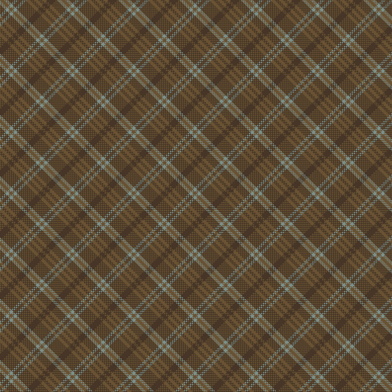 This brown bias plaid fabric features a light blue stripe. 