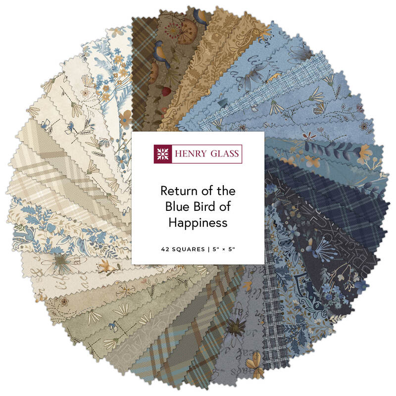 A fabric collage featuring rustic blue fabrics from the Return of the Bird of Happiness collection by Henry Glass. 