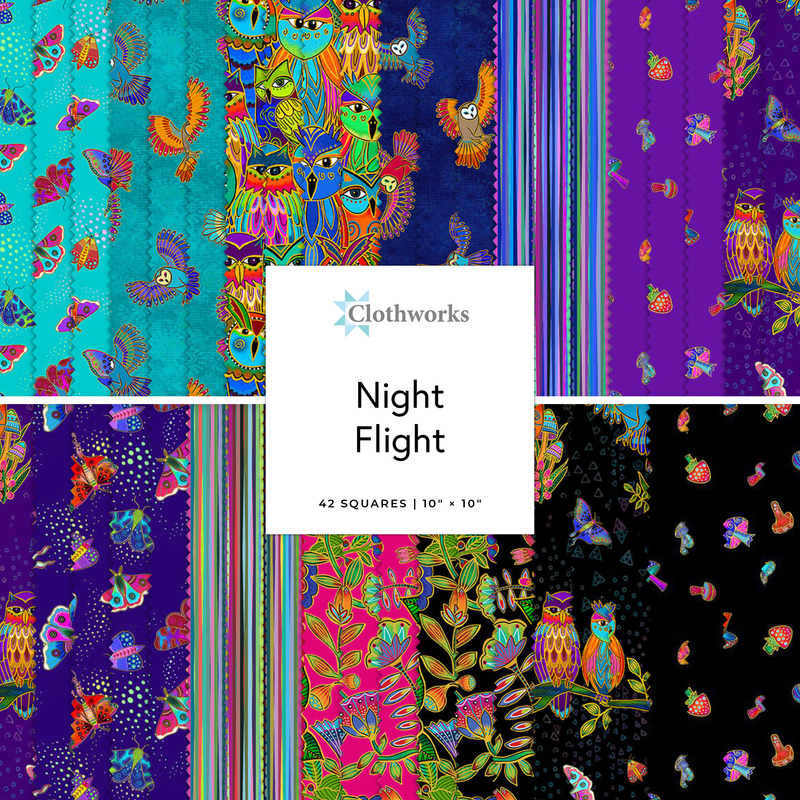 Collage of the 10" Square Bundle from the Night Flight fabric collection.