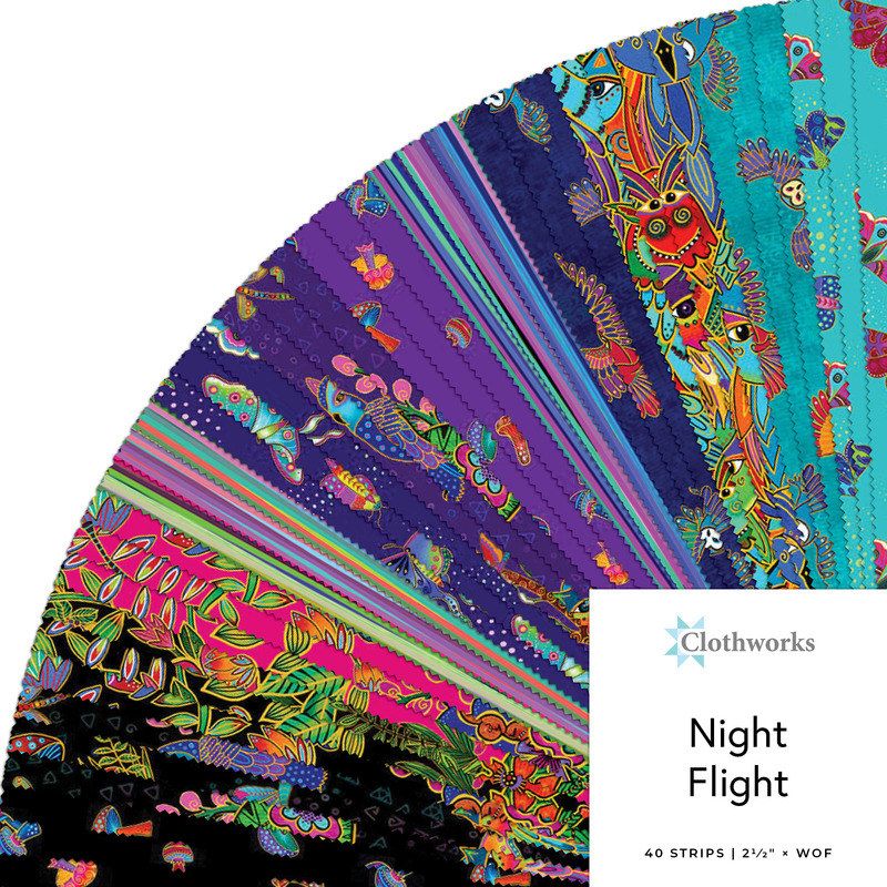 Collage of the 2.5" Strip Roll Bundle from the Night Flight fabric collection.