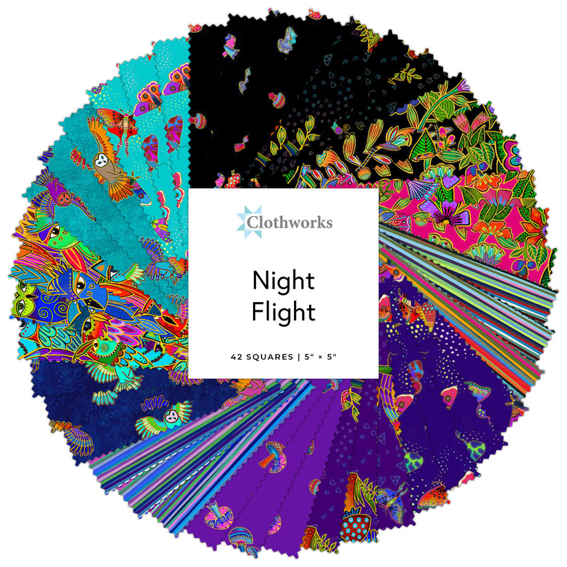 Collage of the 5" Square Bundle from the Night Flight fabric collection.