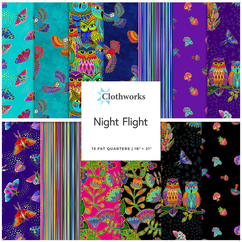Collage of the Fat Quarter Bundle from the Night Flight fabric collection.