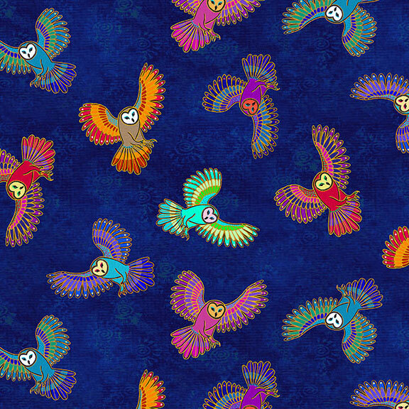 Dark navy fabric with a rich tonal texture layered with tossed multicolor owls in flight.