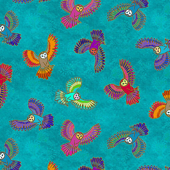 Peacock blue fabric with a rich tonal texture layered with tossed multicolor owls in flight.