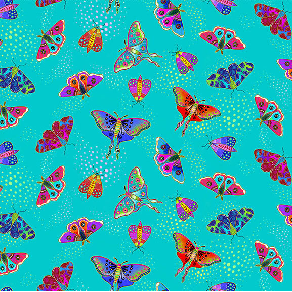 Peacock blue fabric with pink and pistachio grouped dots and an assortment of multicolored moths.