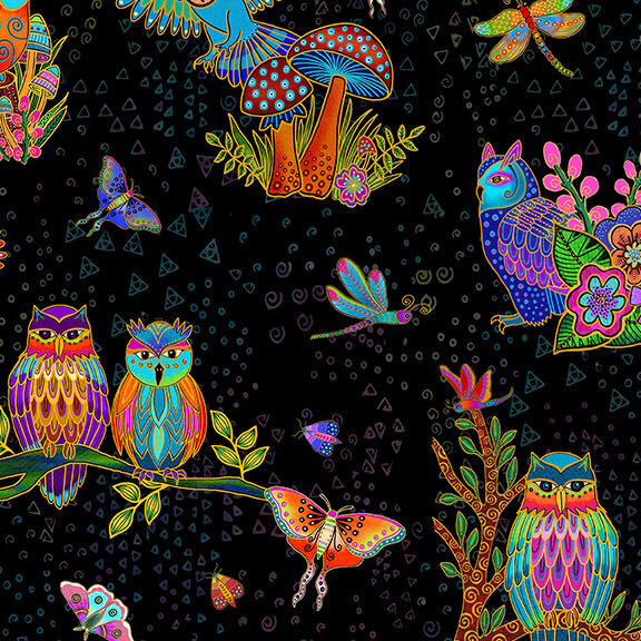 Black fabric with a small geometric scatter layered with a multicolor toile pattern of owls, florals, and bugs.