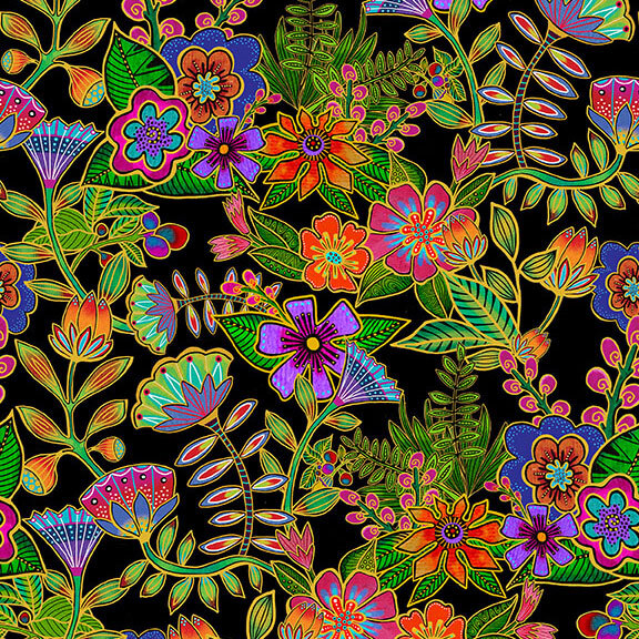 Black fabric with a medley of multicolored, gold-accented florals strewn across the top.