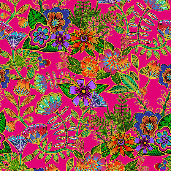Hot pink fabric with a medley of multicolored, gold-accented florals strewn across the top.