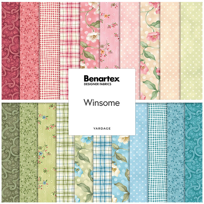 Square fabric collage from the Winsome collection featuring florals, polka dots, and plaids in pink, cream, green and blue hues.