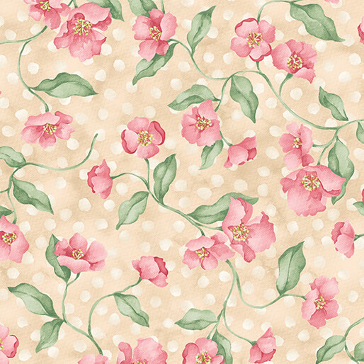 Mottled cream fabric with delicate pink flowers and green leaves, interspersed with white dots.