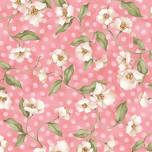 A floral pattern featuring white flowers and green leaves on a pink polka dot background.