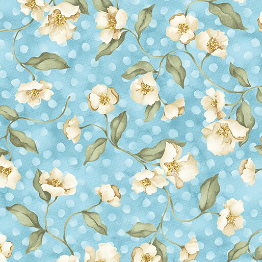 Mottled blue background with delicate white flowers and green leaves, interspersed with tonal dots.