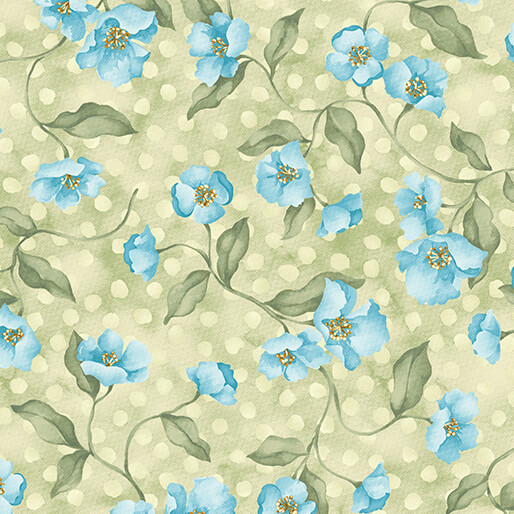 Mottled light green background with delicate blue flowers and green leaves, interspersed with tonal dots.