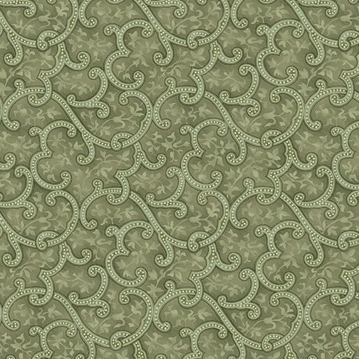 Ornate swirling pattern in varying shades of green on a textured background.