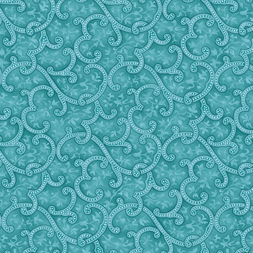 Turquoise fabric pattern with swirling, interconnected shapes and subtle detailing.