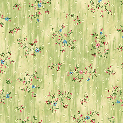 Mottled green fabric featuring delicate floral patterns with pink, blue, and yellow blossoms on stripes with white open circles..