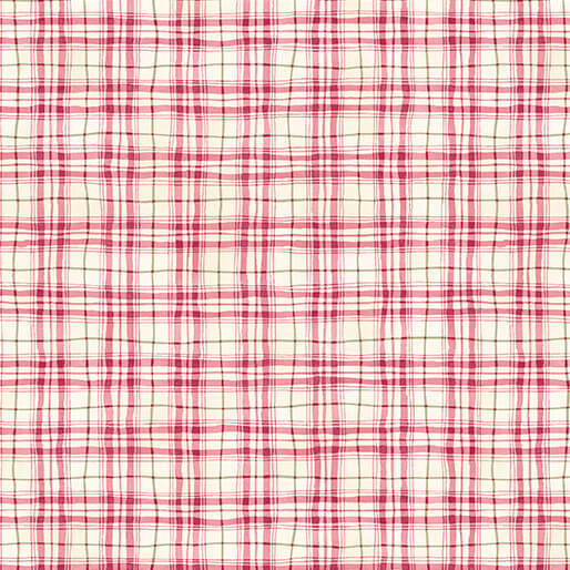 Pink and green plaid pattern on a cream background, featuring intersecting lines and squares.