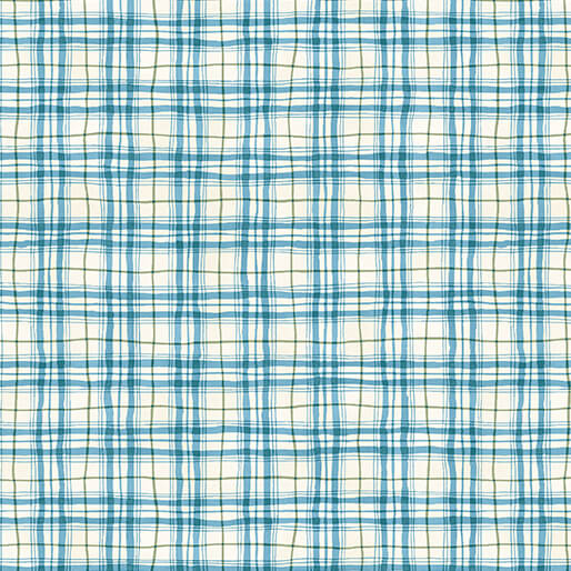 A textile pattern featuring a blue and green plaid design on a cream background.