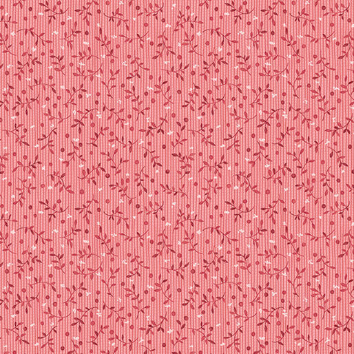 A repeat pattern of delicate branches and leaves in shades of pink on a textured light pink background.