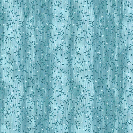 Medium turquoise fabric pattern with small, delicate floral designs and thin vertical stripes.