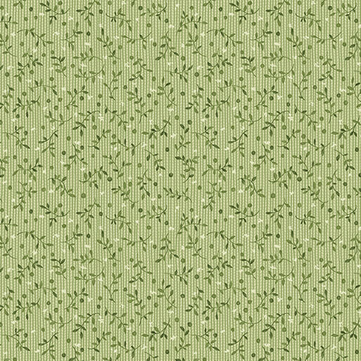 A textured light green fabric pattern featuring small green floral designs and vertical stripes.