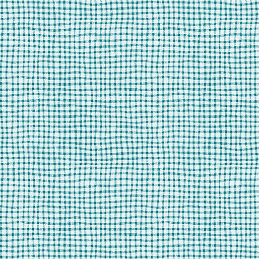 Teal and white gingham fabric swatch.