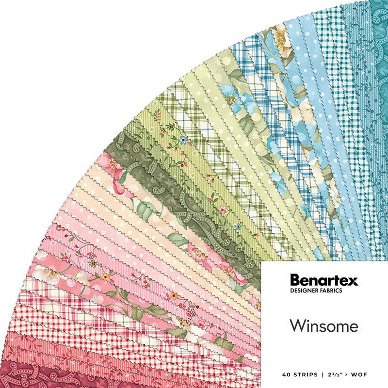 Fanned fabric collage from the Winsome collection featuring florals, polka dots, and plaids in pink, cream, green and blue hues.