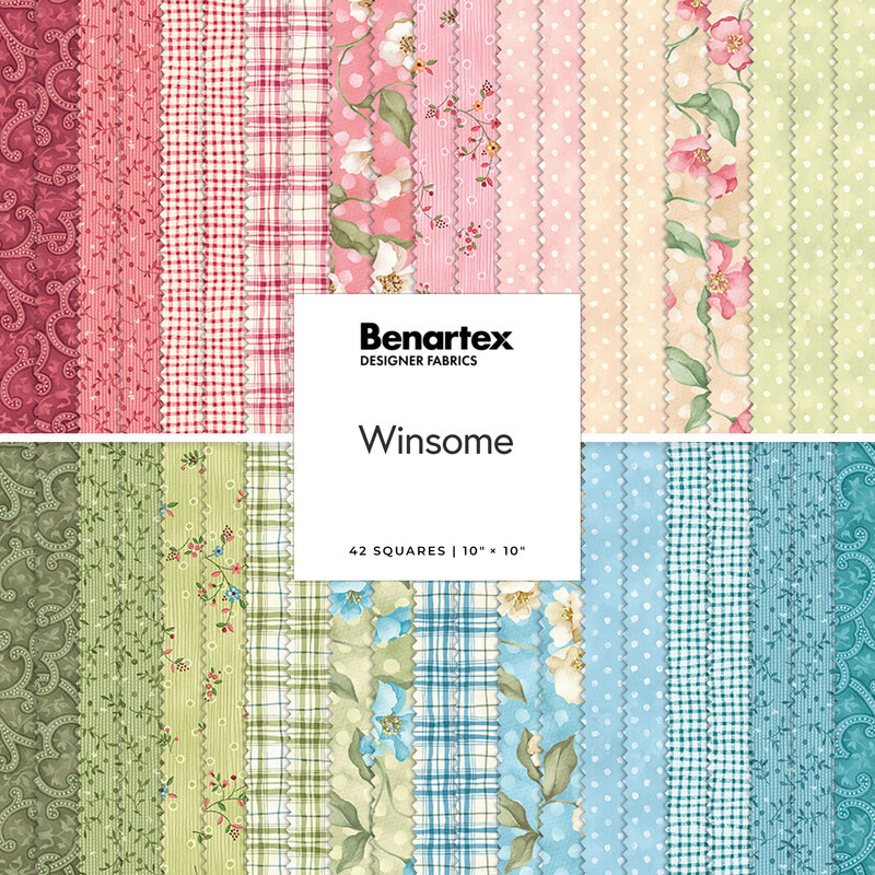 Square fabric collage from the Winsome collection featuring florals, polka dots, and plaids in pink, cream, green and blue hues.