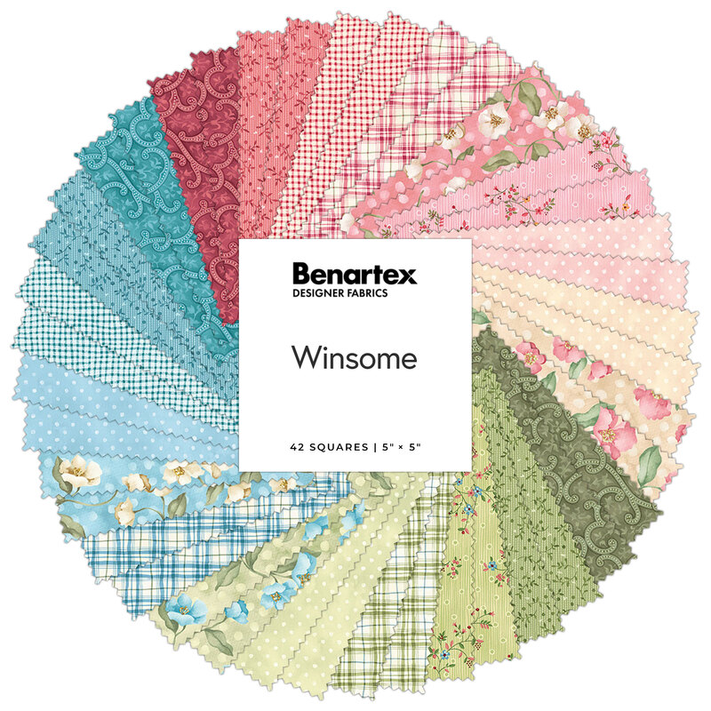Circular fabric collage from the Winsome collection featuring florals, polka dots, and plaids in pink, cream, green and blue hues.