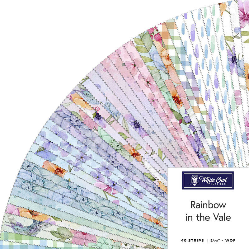 A fanned collage of floral and plaid fabrics from the Rainbow in the Vale collection in hues of purple, green, blue, and white.