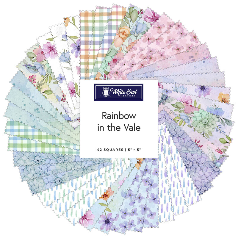 A circular collage of floral and plaid fabrics from the Rainbow in the Vale collection in hues of purple, green, blue, and white.