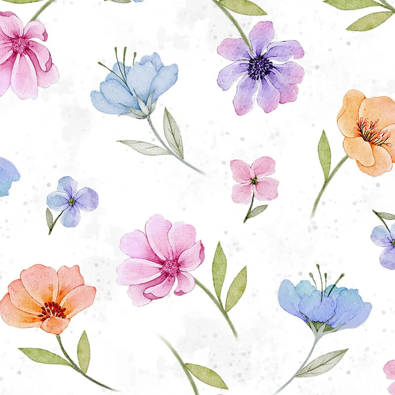 Mottled white fabric with tossed floral springs in shades of peach, pink, purple, and blue.