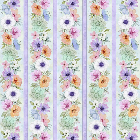 Mottled pastel aqua border print with alternating bands of mixed florals and a mottled violet stripe.
