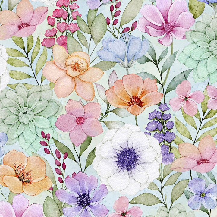 A variety of florals on a mottled pale aqua background.