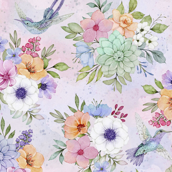 Tossed floral bouquets with fluttering hummingbirds on a mottled lavender background.