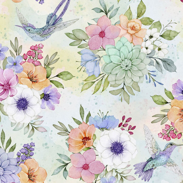 Tossed floral bouquets with fluttering hummingbirds on a mottled pastel aqua background.