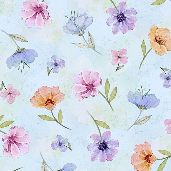 Mottled pastel blue with tossed floral springs in shades of peach, pink, purple, and blue.