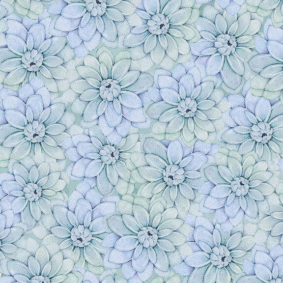 A swatch of dusty sage and light blue fabric with a packed pattern of succulent flowers.