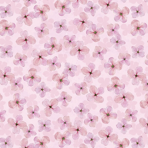 Ballerina pink fabric featuring watercolor-style blossoms in shades of blush and rose with subtle hints of lavender.