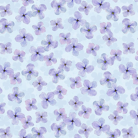 Mottled light blue fabric featuring watercolor-style blossoms in shades of violet and lilac.