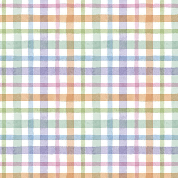 Rainbow plaid pattern on a white fabric swatch.