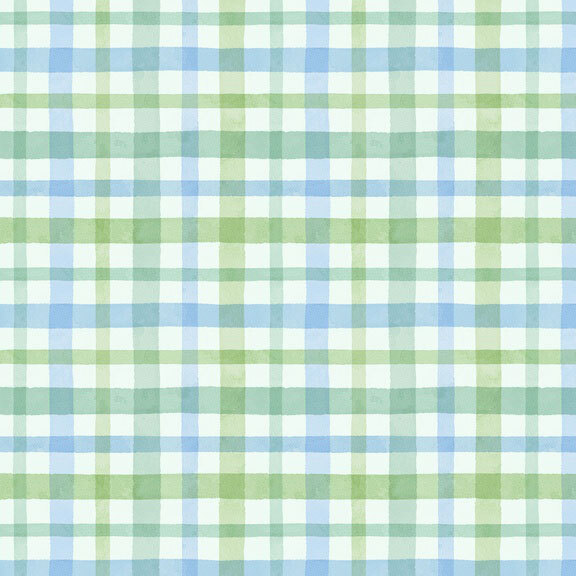 Green and blue plaid pattern on an ice blue background.