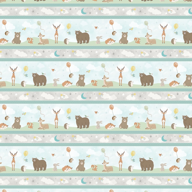 A border print fabric featuring an outdoor scene with deer, brown bears, birds, and hedgehogs, with alternating rows of gray fabric with clouds, stars, and moons