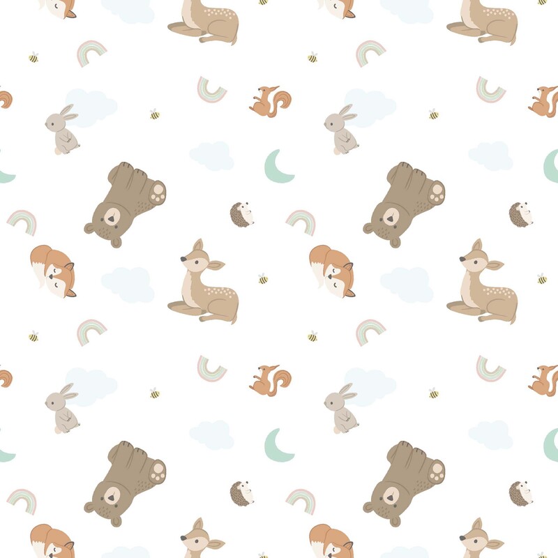 Cloud white fabric with a tossed pattern of bears, deer, foxes, hedgehogs, rainbows, and moons
