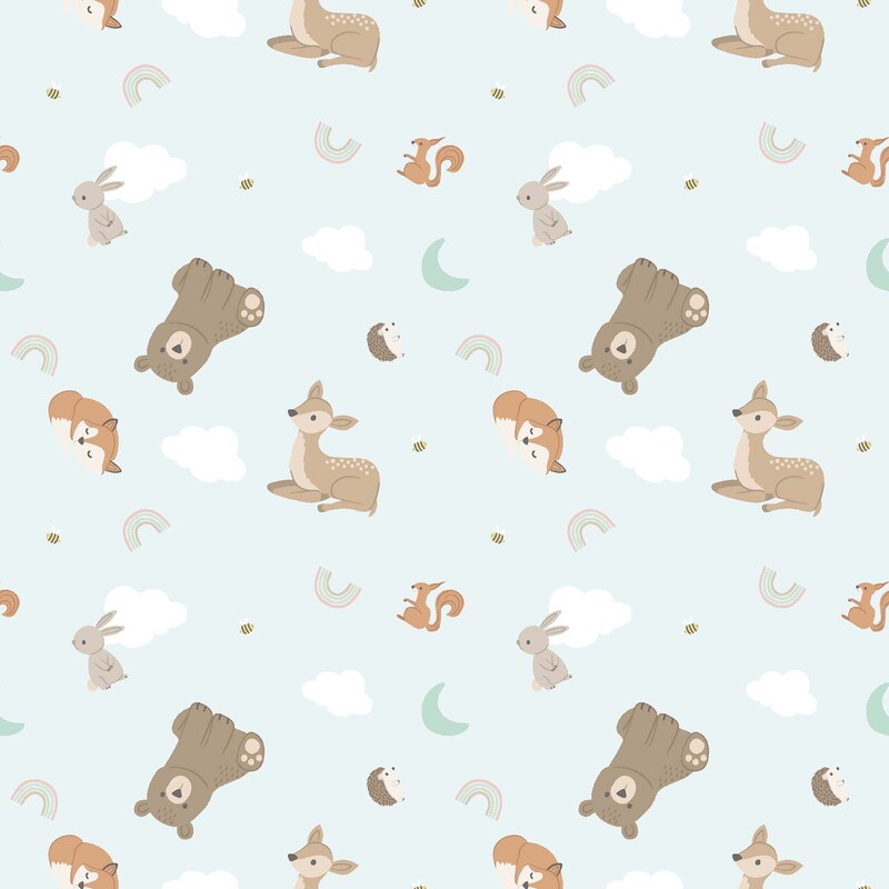 Pastel aqua fabric with a tossed pattern of bears, deer, foxes, hedgehogs, rainbows, and moons