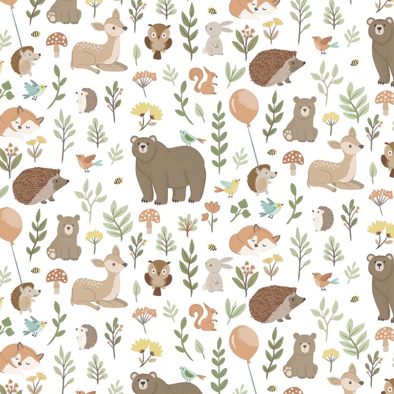 Cloud white fabric with a muted, neutral pattern of leafy sprigs, forest creatures including brown bears and deer, mushrooms, and balloons